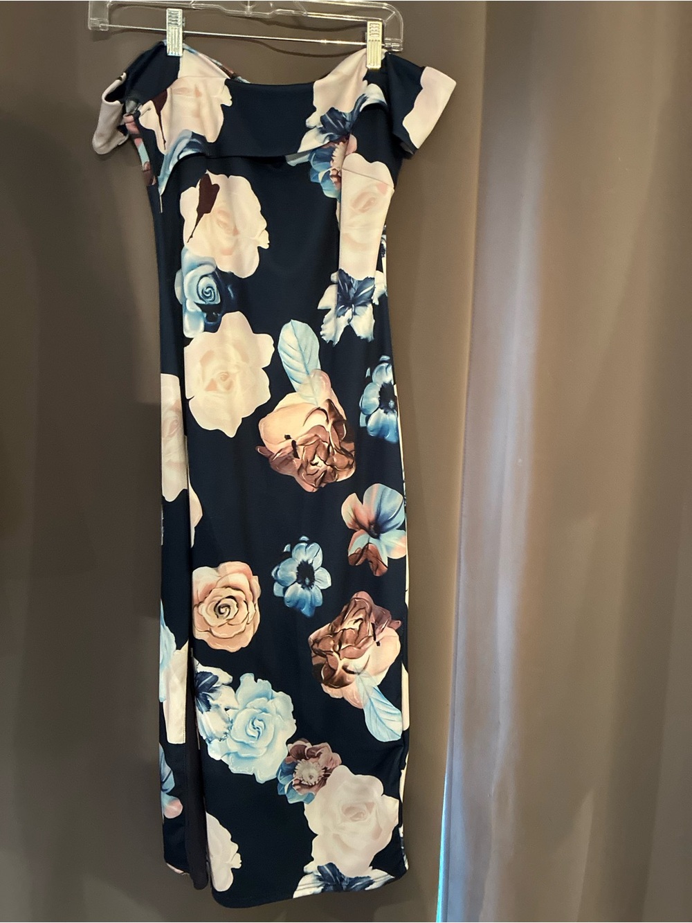 CBR Navy Off The Shoulder Navy Floral Midi Cocktail Dress